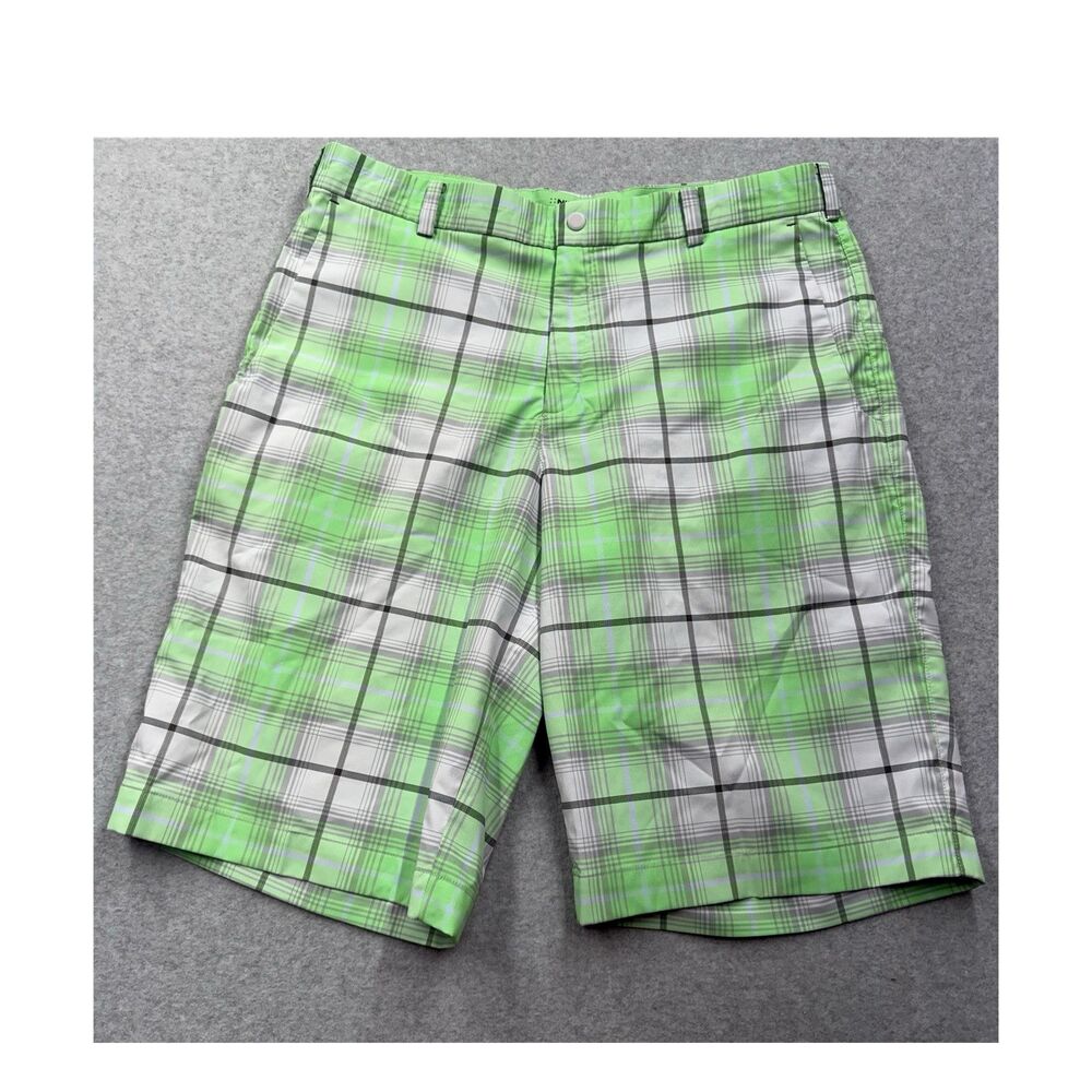 Nike Men's Athletic Golf Shorts Green Gray 34W Plaid Polyester Pockets